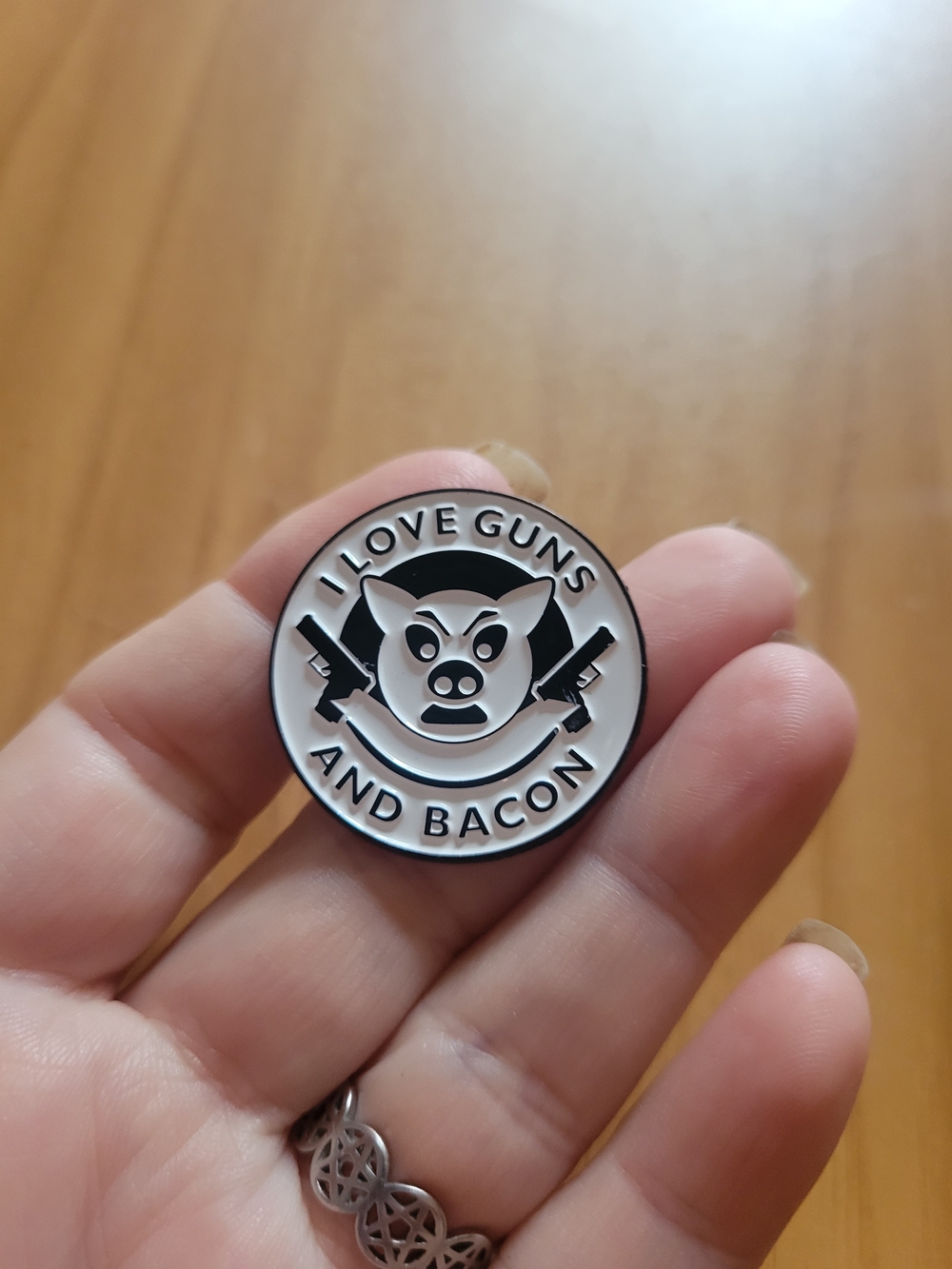 👻BUY 1 GET 1 FREE👻 Black and White 'I Love Guns and Bacon' Enamel Brooch